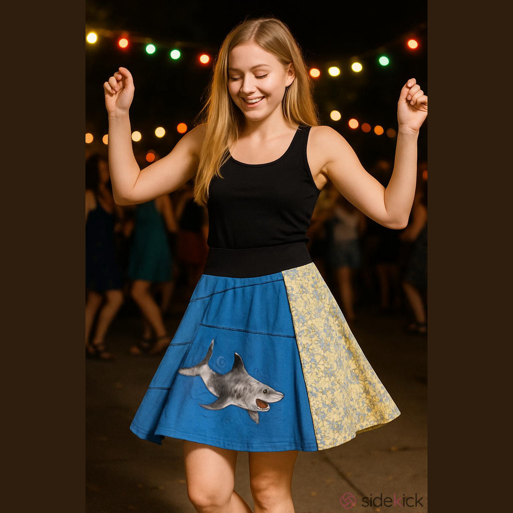 Do-Over Designs Y2K Vintage Blue Yellow Shark Upcycled Tee Circle Skirt sz M
